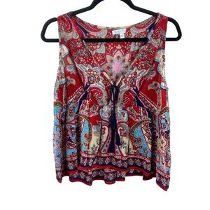Patrons of Peace Red Sleeveless Paisley Print‎ Tie Front Tank Top Blouse Sz S